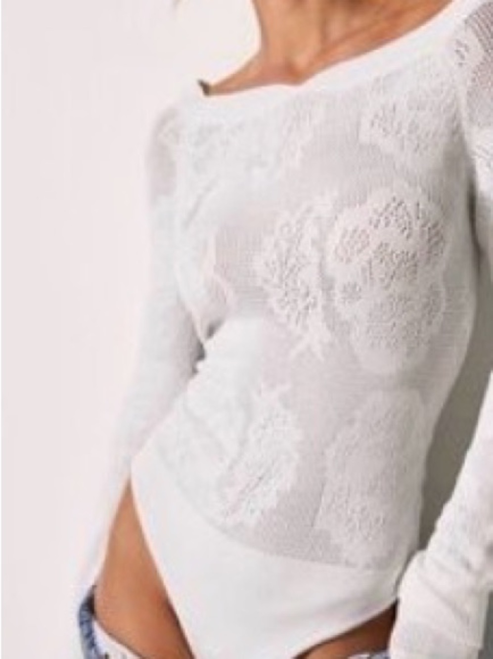Free People Pixel Flower White Knit Long Sleeve Bodysuit